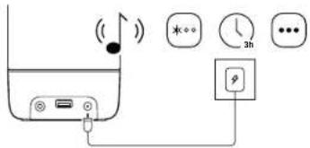 Diagram showing audio connection with speaker, time, and phone icons connected to a power outlet