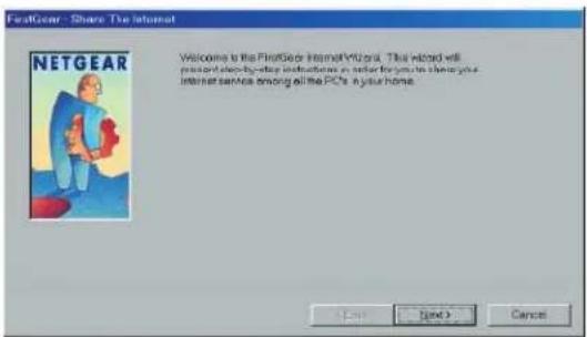 NetGear - Share The Internet Welcome to the NetGear InternetWizard. This book will present step-by-step instructions in order for you to share your Internet service among all the PCs, a your home. NETGEAR Cancel