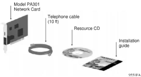 Model PA301 Network Card Telephone cable (10 ft) Resource CD Installation guide 9551FA