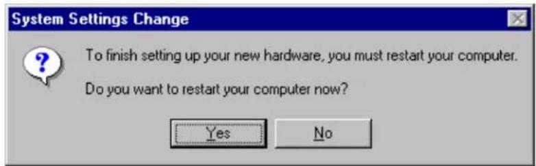 System Settings Change To finish setting up your new hardware, you must restart your computer. Do you want to restart your computer now? Yes No