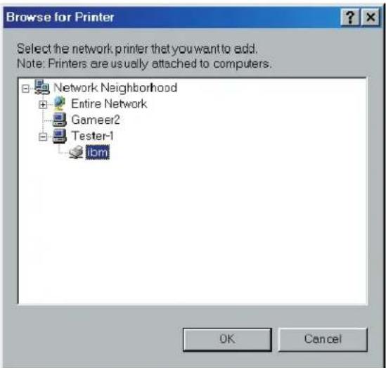 Browse for Printer Select the network printer that you want to add. Note: Printers are usually attached to computers. Network Neighborhood Entire Network Gameer2 Tester-1 lbm OK Cancel