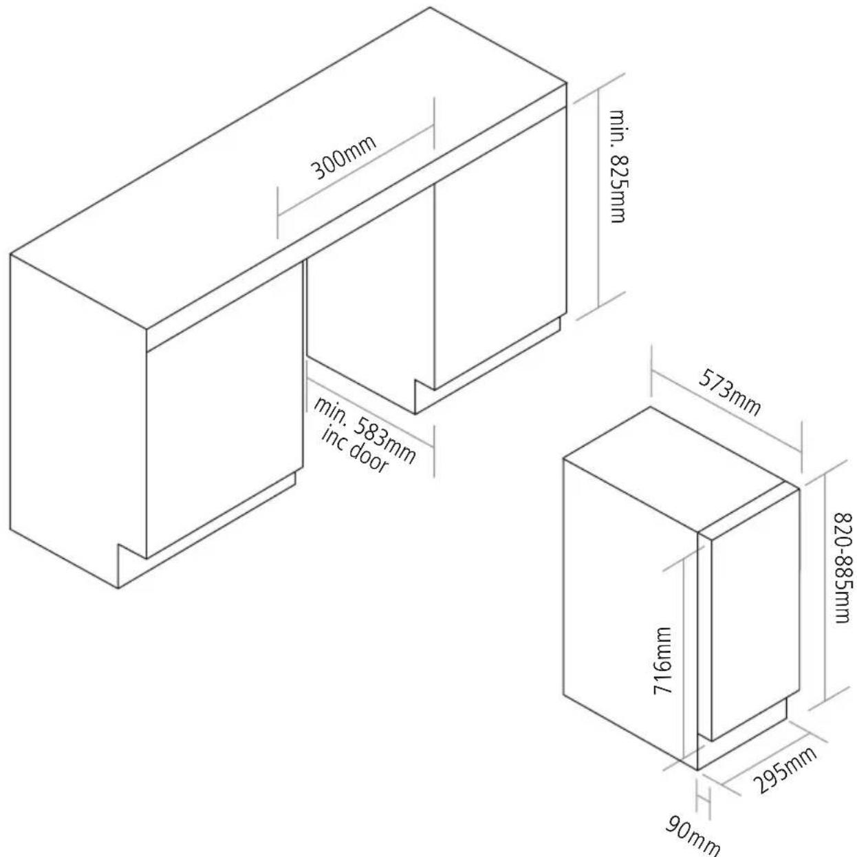 300mm min. 825mm min. 583mm inc door 573mm 820-885mm 716mm 295mm 90mm