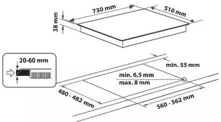 730 mm 510 mm 38 mm 20-60 mm min. 55 mm min. 6,5 mm max. 8 mm 480 - 482 mm 560 - 562 mm