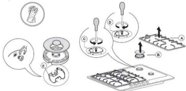 Diagram illustrating a biological or chemical process with labeled steps A, B, C, D, E and an inset image of a plant bud.