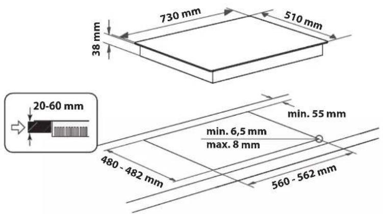 730 mm 510 mm 38 mm 20-60 mm min. 55 mm min. 6,5 mm max. 8 mm 480 - 482 mm 560 - 562 mm
