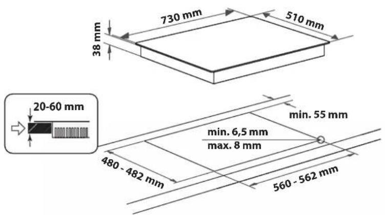730 mm 510 mm 38 mm 20-60 mm min. 55 mm min. 6,5 mm max. 8 mm 480 - 482 mm 560 - 562 mm
