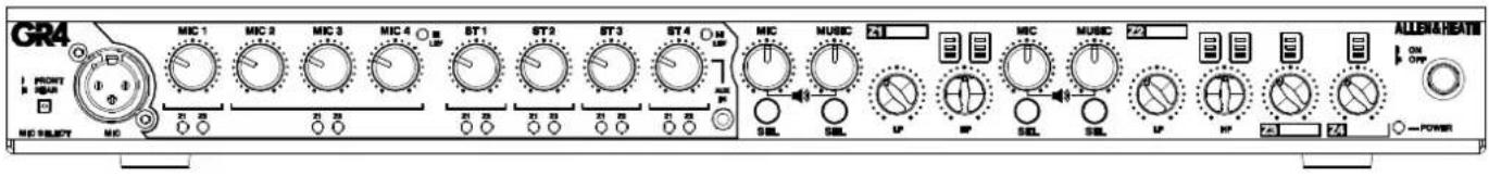 GR4 FRONT OFF MIC SELECT MIC MIC 1 MIC 2 MIC 3 MIC 4 UP ST 1 ST 2 ST 3 ST 4 UP MIC MUSIC F4 SEL SEL UP MIC MUSIC F2 SEL SEL UP ALLENA HEATS ON OFF POWER