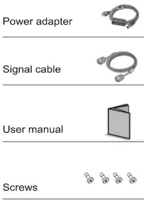 Power adapter Signal cable User manual Screws