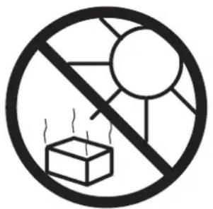 Prohibition sign with sun, smoke, and box symbol indicating no fire or explosion