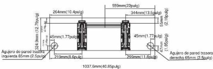 264mm(10.4pulg) 559mm(22pulg) 344mm(13.5pulg) 55mm (2.16pulg) 45mm(1.77pulg) 45mm(1.77pulg) 47mm (1.85pulg) Agujero de pared trasera izquierda 65mm (2.5pulg) 219mm(8.6pulg) 299mm(11.8pulg) Agujero de pared trasera derecha 65mm (2.5pulg) 1037.6mm(40.85pulg)