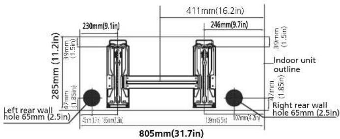285mm (11.2in) 39mm (1.5in) 47mm (1.85in) 411mm (16.2in) 230mm (9.1in) 246mm (9.7in) 39mm (1.5in) Indoor unit outline Left rear wall hole 65mm (2.5in) 47mm (1.85in) 47mm (1.5in) 100mm (4.2in) Right rear wall hole 65mm (2.5in) 805mm (31.7in)