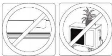 Two circular diagrams showing prohibition signs: one with a diagonal line crossing over a horizontal bar, the other with a crossed-out box and a potted plant.