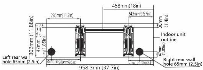 302mm (11.88in) 47mm (1.4in) (1.85in) Left rear wall hole 65mm (2.5in) 285mm (11.2in) 458mm (18in) 743mm (9.57in) 36mm (1.4in) Indoor unit outline 47mm (1.85in) 958.3mm (37.7in) Right rear wall hole 65mm (2.5in)