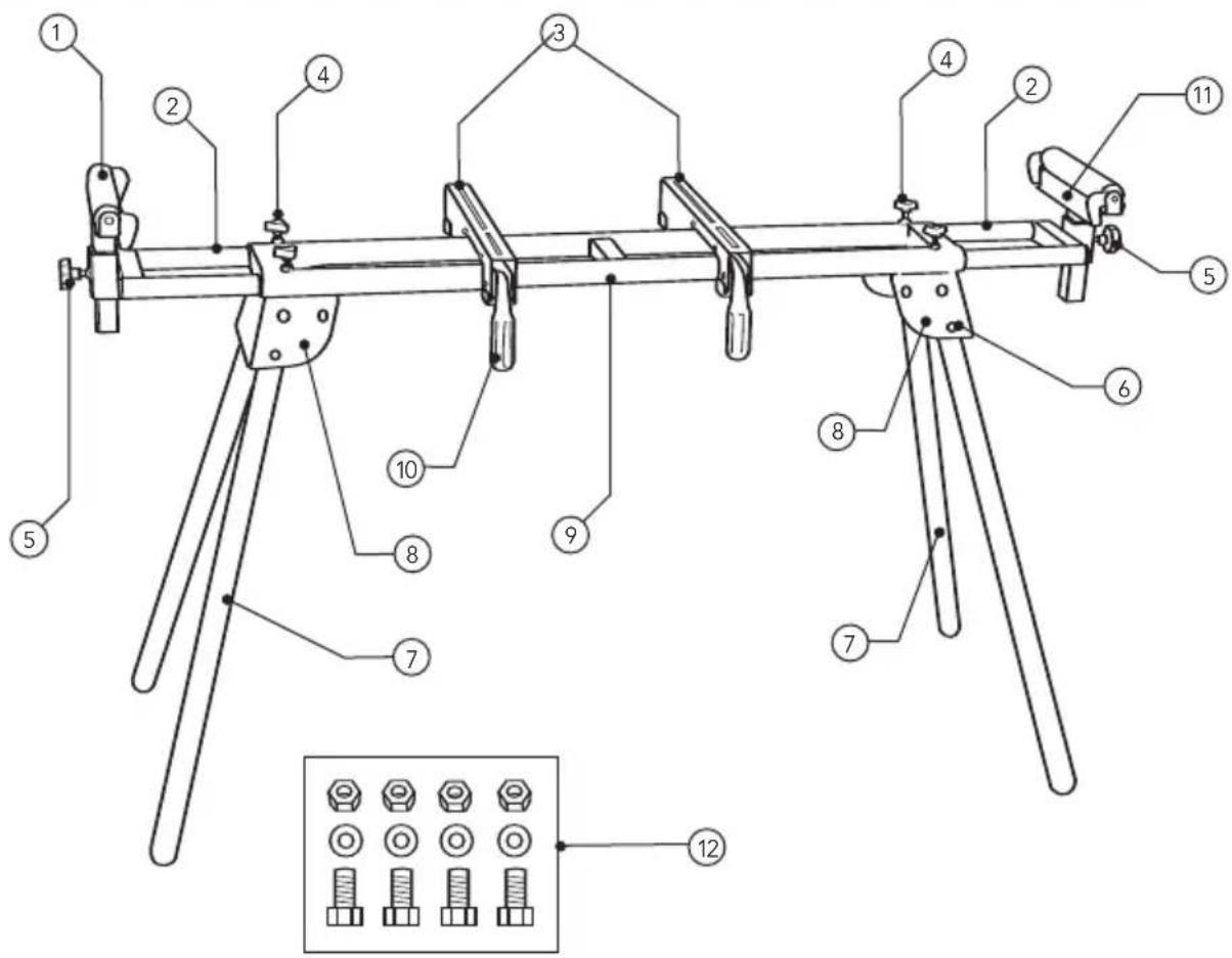 Technical diagram of a mechanical setup with numbered components and a separate inset showing bolt arrangements.