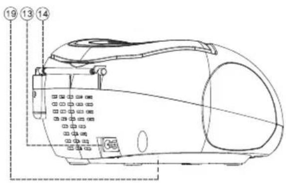 Technical diagram of a vacuum cleaner with numbered parts labeled 14, 13, and 19 pointing to different components.