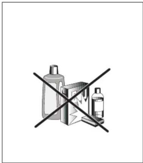 Warning sign with crossed-out product packaging and a battery icon, indicating no chemical hazard or toxicity.