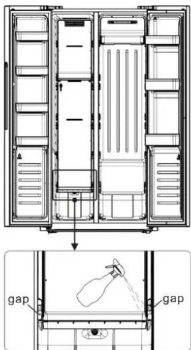 Technical diagram of a refrigerator interior with labeled gap areas and an inset showing a spray bottle on a tray.
