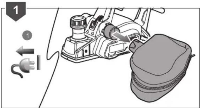 Diagram showing a power tool with labeled parts and directional arrows indicating connection to a device.