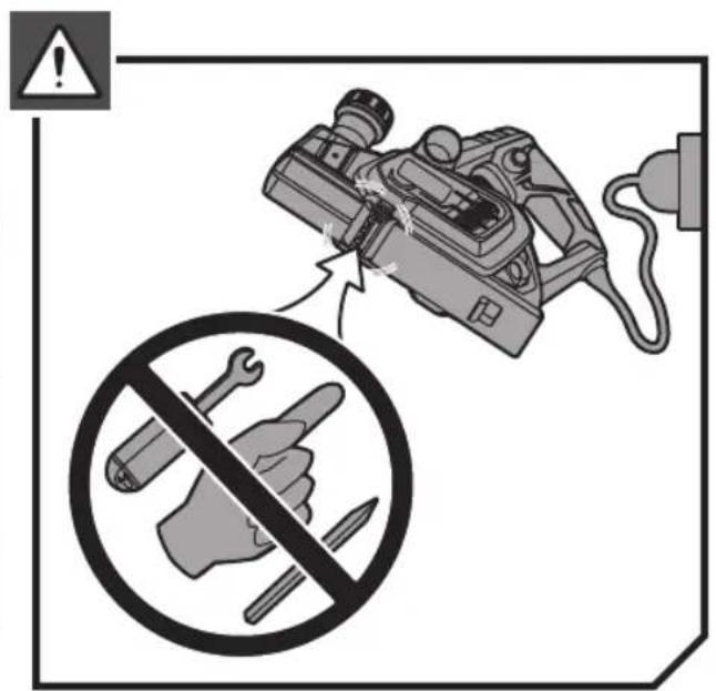 Safety warning illustration showing a hand holding a wrench and screwdriver, with a disassembled tool symbol below.