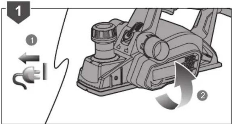 Diagram showing a power tool with labeled parts and directional arrows indicating rotation or operation.