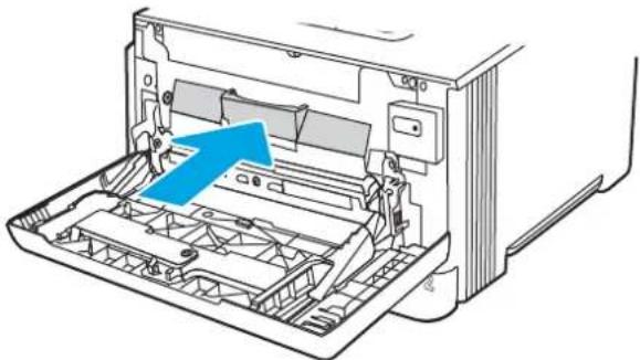 Diagram of a computer chassis showing internal components and a blue arrow indicating a specific area (no text or symbols present)