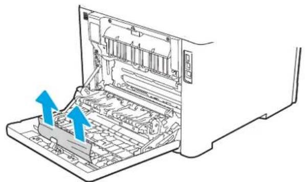 Diagram of an open computer chassis showing internal components and two blue arrows indicating movement or force (no text or symbols present)