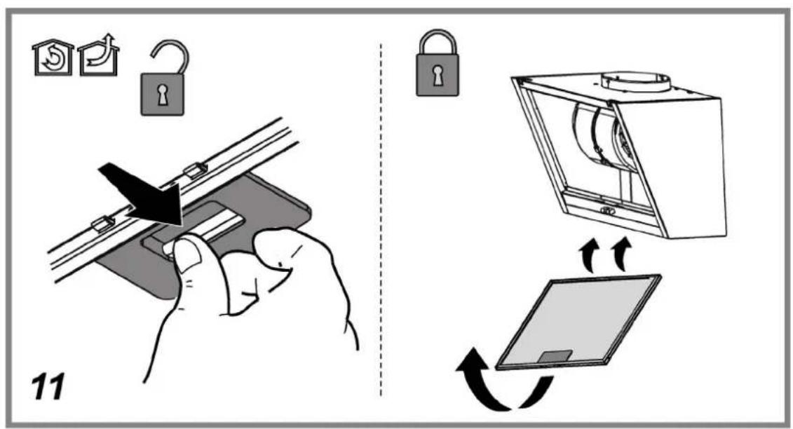 Diagram illustrating a lock mechanism with labeled components and directional arrows, including a hand holding a clip and a device with internal components.
