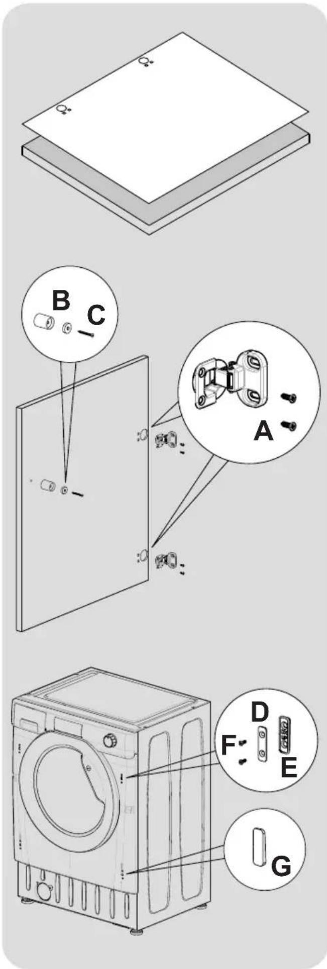 Technical diagram showing exploded view of a washing machine with labeled components A through G