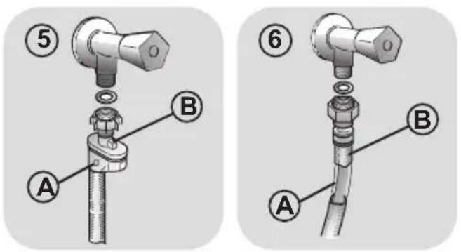 Technical diagram showing two installation steps of a pipe fitting with labeled components A and B