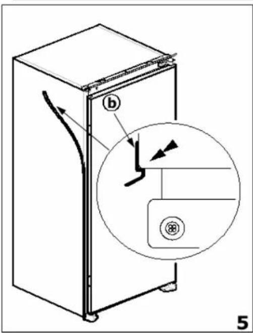 Diagram of a refrigerator with labeled parts and an inset showing internal components, likely illustrating a door or cabinet mechanism.
