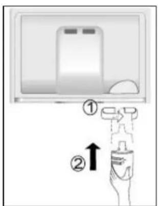 Diagram showing a hand holding a device with two labeled parts, indicating step ① and step ②.
