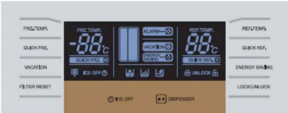 FRZ.TEMP. QUICK FRZ. VACATION FILTER RESET FRZ.TEMP. -88°C QUICK FRZ. ICE OFF ALARM— VACATION ENERGY SAVING REF.TEMP. 88°C QUICK REF. UNLOCK REF.TEMP. QUICK REF. ENERGY SAVING LOCK/UNLOCK ICE OFF DISPENSER