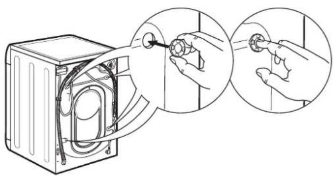 Diagram showing hands installing or adjusting a component inside a washing machine, with magnified views of the tool (no text or symbols present)