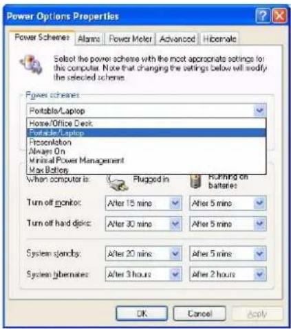 Power Options Properties Power Schemes: Alarms Power Meter Advanced Hibernate Select the power scheme with the most appropriate settings for this computer. Note that changing the settings below will modify the selected schemes. Power schemes: Portable/Laptop Home/Office Deck Portable/Laptop Fresenlotion Always On Minimal Power Management Max Battery When computer is: Plugged in Running on batteries Turn off monitor: After 15 mins After 5 mins Turn off hard disks: After 30 mins After 5 mins System standby: After 20 mins After 5 mins System hibernates: After 3 hours After 2 hours OK Cancel Apply
