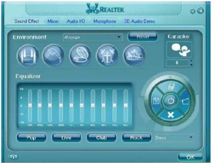 REALTEK Sound Effect Mixer Audio I/O Microphone 3D Audio Demo Environment Reset Karaoke Equalizer Pop Live Cub Rock Dass OK
