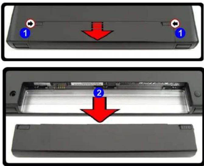 Diagram showing two views of a device with labeled components and red arrows indicating downward motion, likely illustrating a physical or mechanical change.