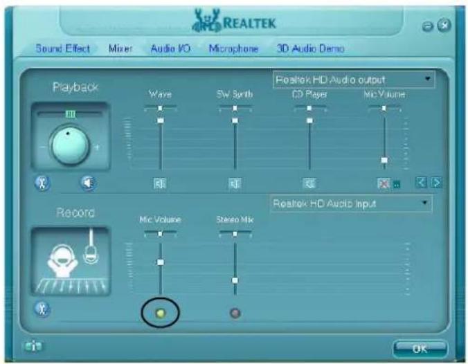 REALTEK Sound Effect Mixer Audio VO Microphone 3D Audio Demo Playback Wave Sw Burth Positok HD Audio output CD Player Mic Volume Record Mic Volume Stereo Mix Positok HD Audio Input OK