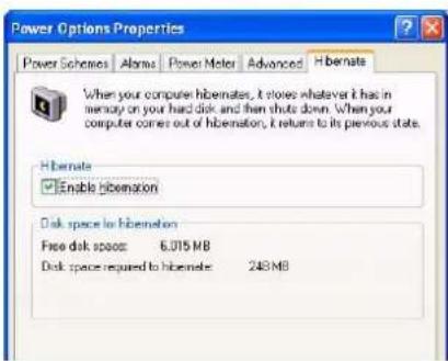 Power Options Properties Power Schemes Alarms Power Meter Advanced Hibernate When your computer hibernates, it stores whatever it has in memory on your hard disk and then shuts down. When your computer comes out of hibernation, it returns to its previous state. Hibernate Enable hibernation Disk space to hibernation Free disk space: 6.015 MB Disk space required to hibernate: 248 MB