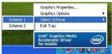 Graphics Properties... Graphics Options Scheme 1 Select Scheme Scheme 2 Exit Tray Intel® Graphics Media Accelerator Driver for mobile Intel