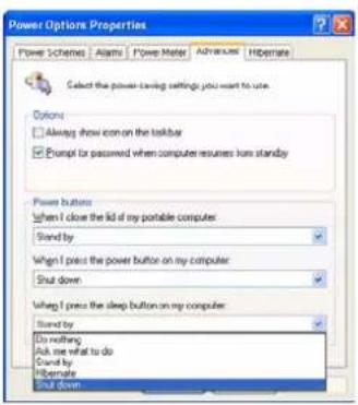 Power Options Properties Power Schemes Alarms Power Meter Advanced Hibernate Select the power ceiling settings you want to use Options □ Always show icon on the taskbar ☑ Prompt or password when computer resumes from standby Power buttons When I close the lid of my portable computer: Stand by When I press the power button on my computer: Shut down When I press the sleep button on my computer: Stand by Do nothing Ask me what to do Stand by Hibernate Shut down