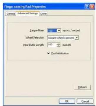 Finger sensing Pad Properties General Advanced Settings Done Sample Rate 100 inputs / second Wheel Deflection Assume wheel is present Input Buffer Length 100 packets ✓ Exit Initialization Defaults OK Cancel