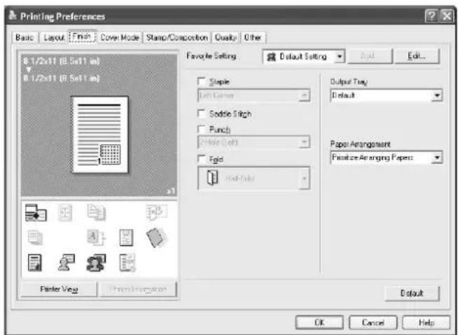 Printing Preferences Basic Layout Finish Cover Mode Stamp/Composition Quality Other 8 1/2x11 (8.5x11 in) 8 1/2x11 (8.5x11 in) Favorite Setting Default Setting Help Edit... Staple Left Cane Saddle Stitch Punch New Left Figid Hot-Style Output Tray Default Paper Arrangement Forward Arranging Papers Flinter View Print/Background Default OK Cancel Help