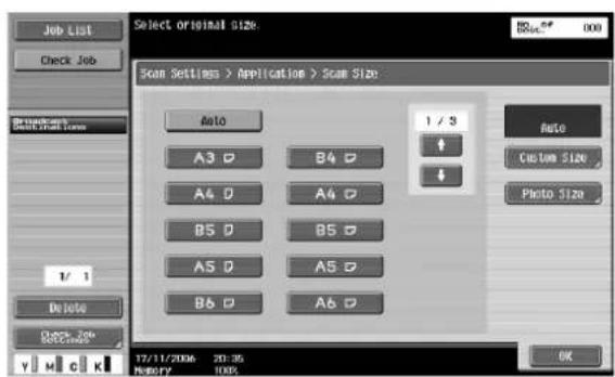 Job List Check Job Scan Settings > Application > Scan Size: Auto A3 D B4 D A4 D A4 D B5 D B5 D A5 D A5 D B6 D A6 D 1 / 3 + + - Auto Custom Size Photo Size 1/ 1 Delete Check Size 20:35 M8007 100% OK