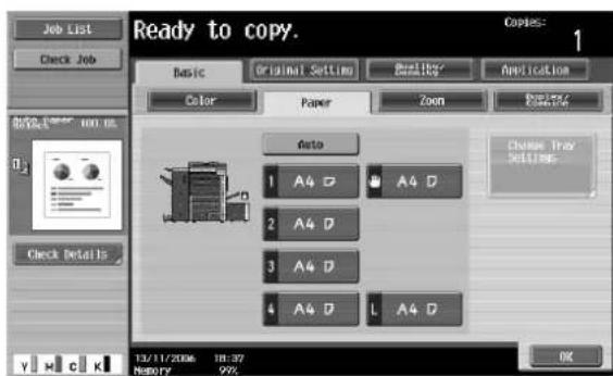 Job List Check Job Ready to copy. Copies: 1 Basic Original Settings Quality/Quality Application Color Paper Zoom Balance/Balance Auto 1 A4 D A4 D 2 A4 D 3 A4 D 4 A4 D L A4 D Change Train Settings 13/11/2006 18:37 Memory 99%