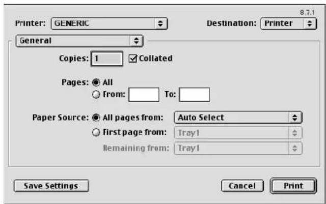 Printer: GENERIC General Copies: 1 Collated Pages: All From: To: Paper Source: All pages from: Auto Select First page from: Tray1 Remaining from: Tray1 Save Settings Cancel Print 8.7.1 Destination: Printer