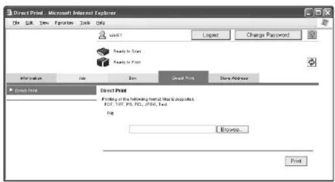 Direct Print - Microsoft Internet Explorer File Edit View Favorites Tools Help used1 Logos Change Password Ready to Save Ready to Print Information Job Box Direct Print Share Address Direct Print Finding of the following format: Web Services PDF, PDF, PS, PCL, JPEG, Text File Browse... Print