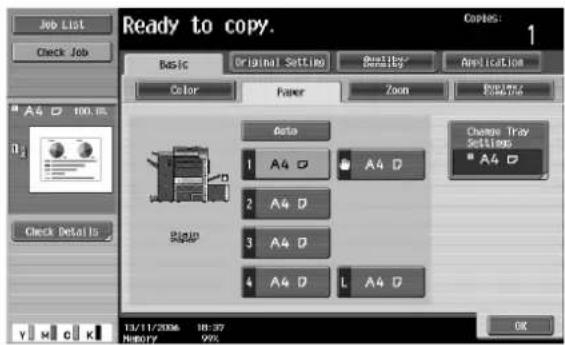 Ready to copy. Copies: 1 Basic Original Settings Quality/Security Application Color Paper Zoom Auto Change Tray Settings A4 D A4 D A4 D A4 D A4 D A4 D A4 D A4 D 13/11/2006 18:37 Memory 99% OK