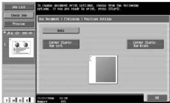 Job List Check Job Preview A4 D 100.0K Use Document > Finishing > Position Settings Auto Corner Staple: Top Left. Corner Staple: Top Right C 11/21/2006 15:28 History 99% OK
