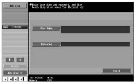 Enter User Name and password, and then touch [<|vision_start|> user] or press the [access] key. User Name Password Login 13/11/2006 11:30 History 100%