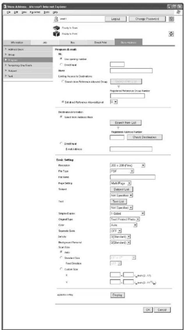Store Address - Microsoft Internet Explorer File Edit View Favorites Tools Help Layout1 Layout Change Password Ready to Enter Ready to Print Information Job Box Direct Print Store Address Address Book Group Program Temporary One Track Subject Text Program (B-mail) No. Use opening number Directmail None Limiting Access to Destinations Search Price Reference Allowed Group Sating from List Registered Reference Group Number Set Allt Reference Allowed Level Destination Information Select from Address Book Search from List Registered Address Number Check Destination DirectInput E-mail Address Basic Setting Resolution 200 x 200 (Fine) File Type PDF File Name Page Setting Multi Page Subject Subject List Not Specified Text Test List Not Specified SimpleGraphic T-Sided Original Type Text Printed Photo Color Auto Separate Sectors OFF Density Q(Standard) Background and Removal Q(Standard) Scan Size Auto Standard Size F/F/F Food Direction Custom Size X - /% inch(2.17) Y - /% inch(2.1111/2p) Applications setting Display OK Cancel